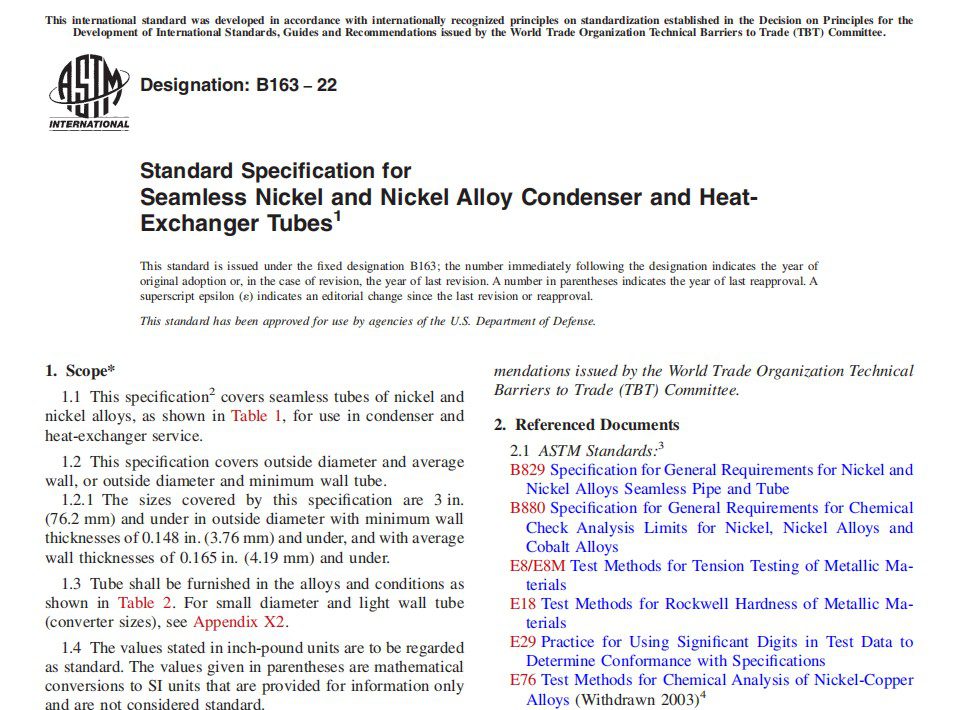 TOKOTUBE ASTM B163-22 Standard Specification for Seamless Nickel and Nickel Alloy Condenser and Heat-Exchanger Tubes - TOKO TECH-Nikel Alloy DIvision